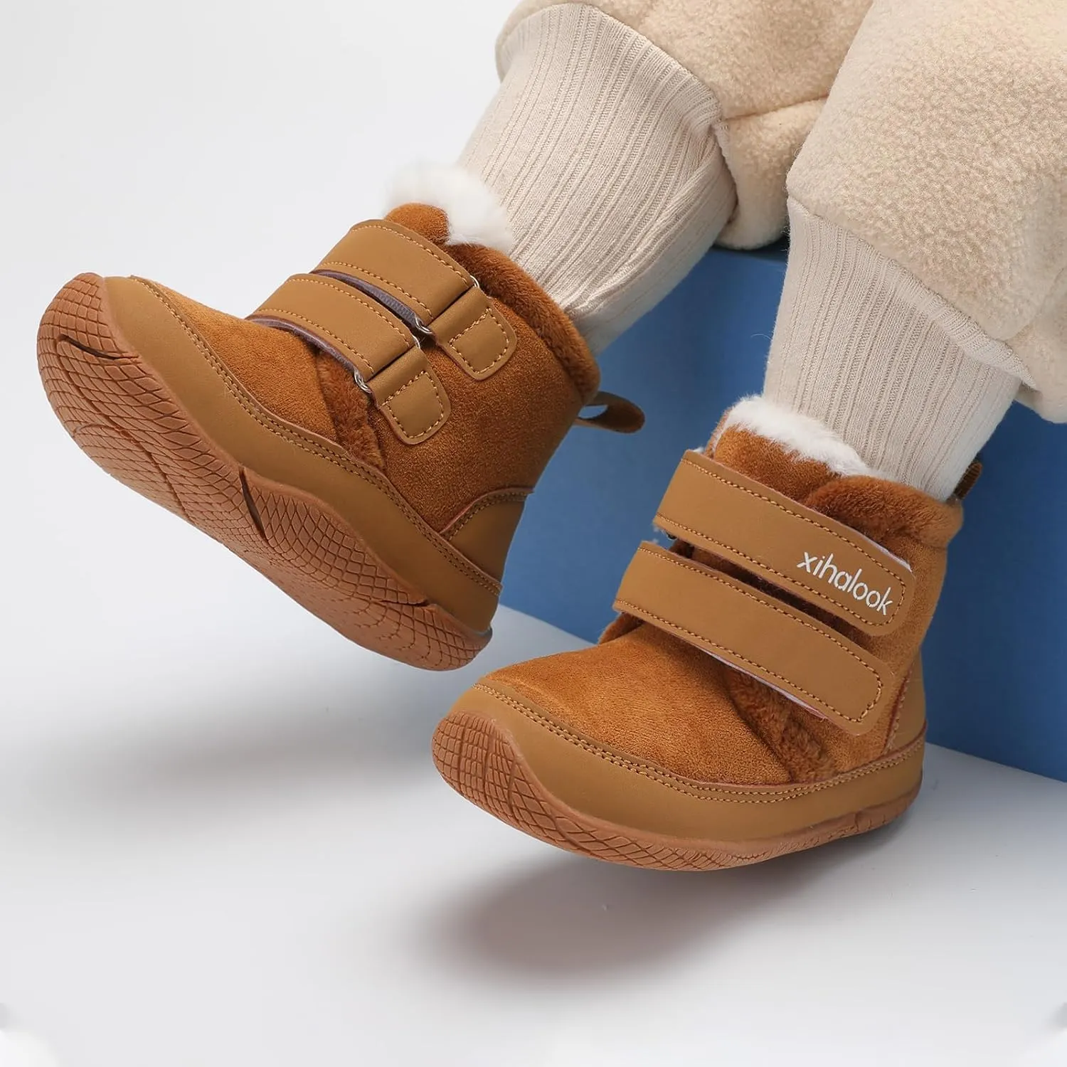 XIHALOOK Toddler Boys Girls Winter Boots Cold Weather Kids Warm Faux Fur Shoes with Two Hook and Loop