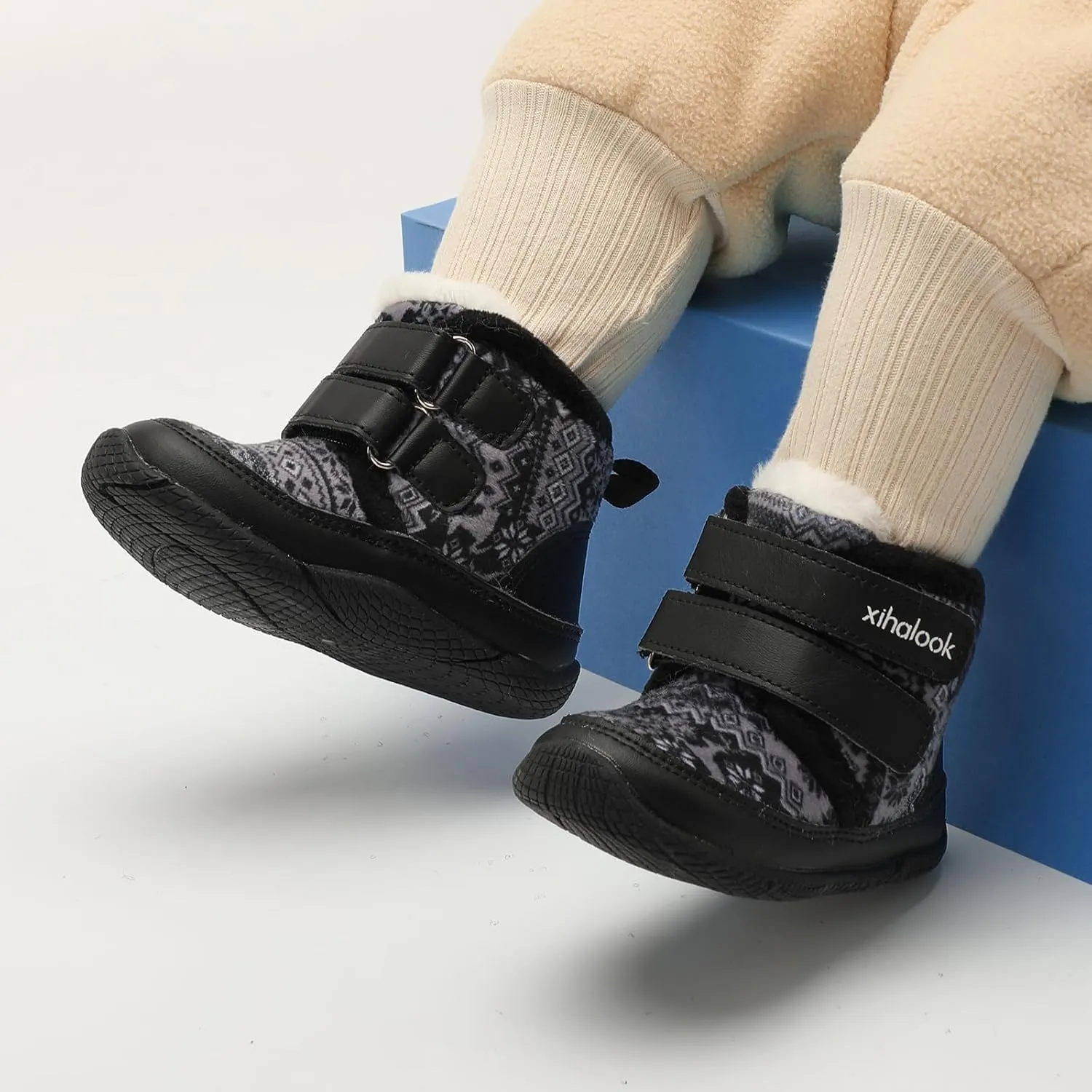 XIHALOOK Toddler Boys Girls Winter Boots Cold Weather Kids Warm Faux Fur Shoes with Two Hook and Loop
