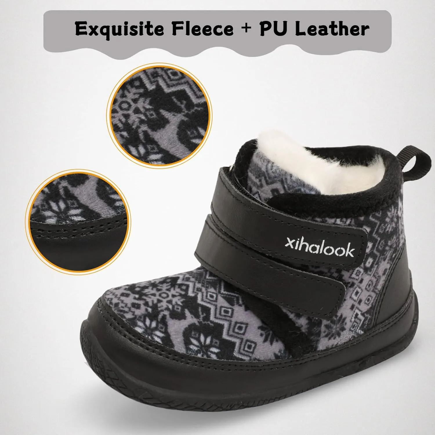 XIHALOOK Toddler Boys Girls Winter Boots Cold Weather Kids Warm Faux Fur Shoes with Two Hook and Loop