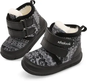XIHALOOK Toddler Boys Girls Winter Boots Cold Weather Kids Warm Faux Fur Shoes with Two Hook and Loop