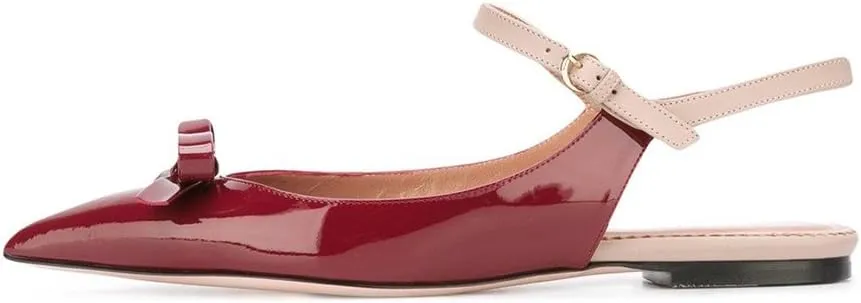 XYD Women Pointed Toe Bows Flats Ankle Strap Open Back Comfortable Ballet Shoes with Bowknots