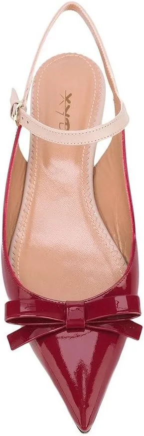 XYD Women Pointed Toe Bows Flats Ankle Strap Open Back Comfortable Ballet Shoes with Bowknots