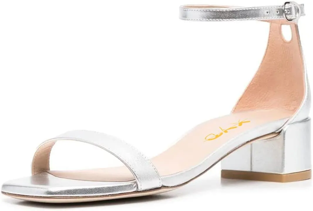 XYD Women's Open Toe Strappy Low Block Heel Sandal Flats Ankle Strap with Buckle Wedding Bridal Dress Shoes