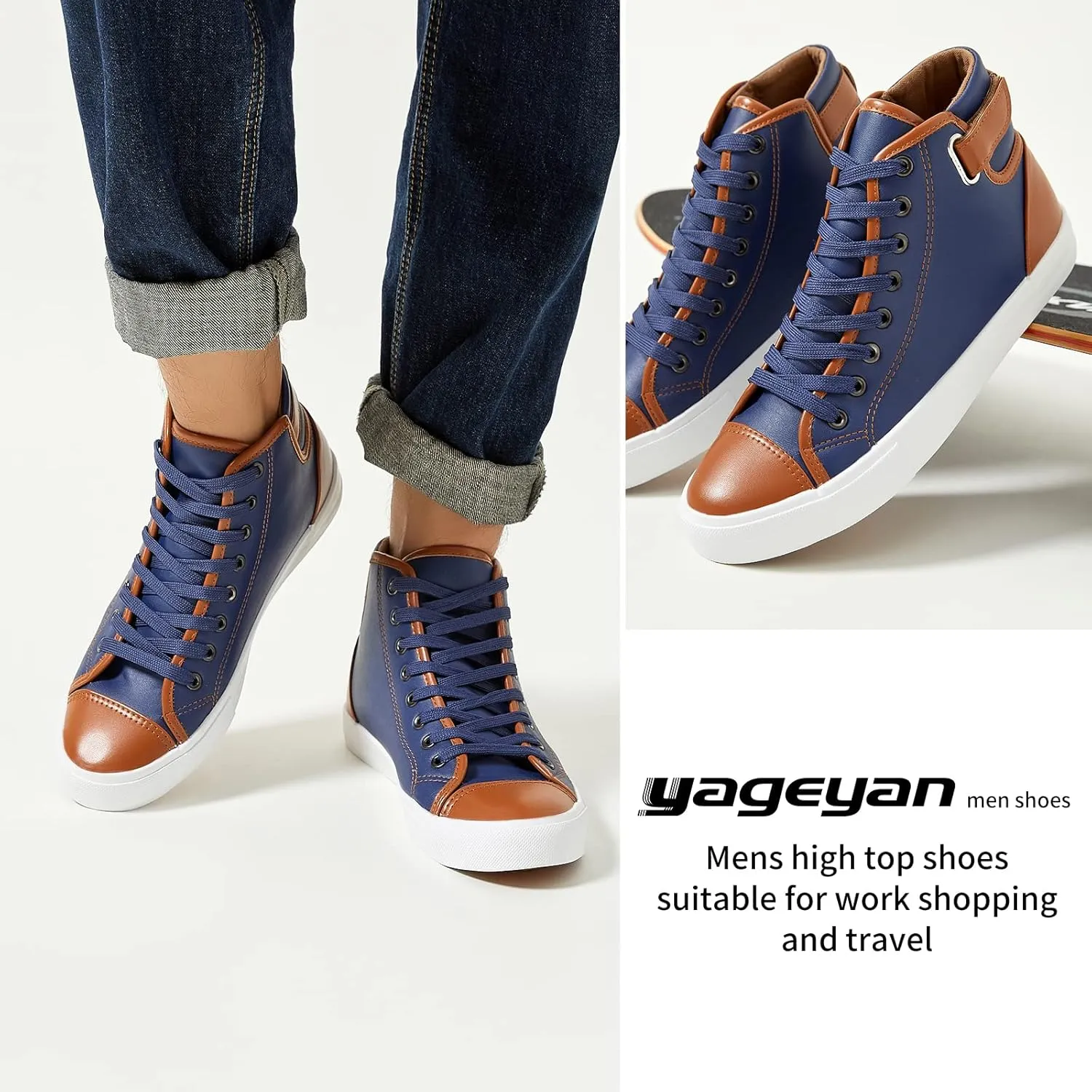 yageyan Men White high top Sneakers for Casual Black pu Leather Fashion Shoes for Men