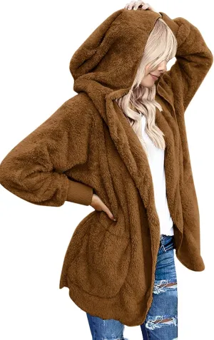 Yanekop Womens Fuzzy Fleece Jacket Open Front Hooded Cardigan Sherpa Outerwear Warm Coats with Pockets