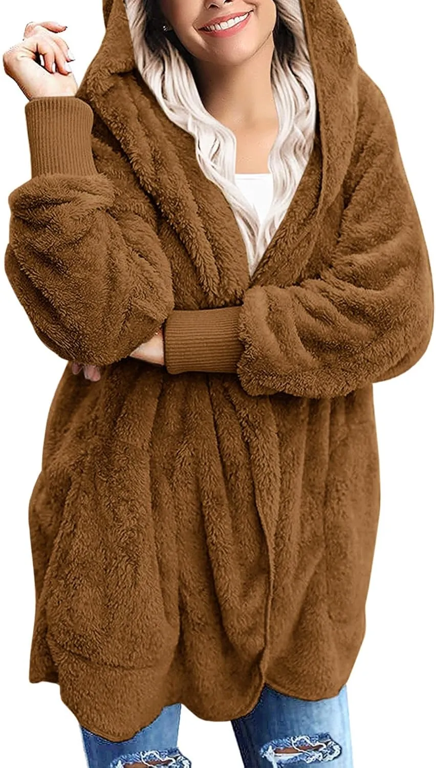 Yanekop Womens Fuzzy Fleece Jacket Open Front Hooded Cardigan Sherpa Outerwear Warm Coats with Pockets