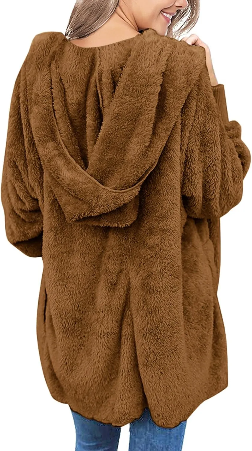 Yanekop Womens Fuzzy Fleece Jacket Open Front Hooded Cardigan Sherpa Outerwear Warm Coats with Pockets