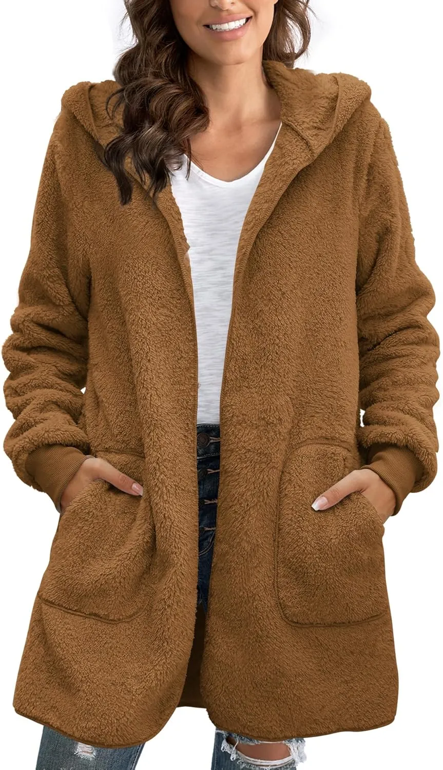 Yanekop Womens Fuzzy Fleece Jacket Open Front Hooded Cardigan Sherpa Outerwear Warm Coats with Pockets