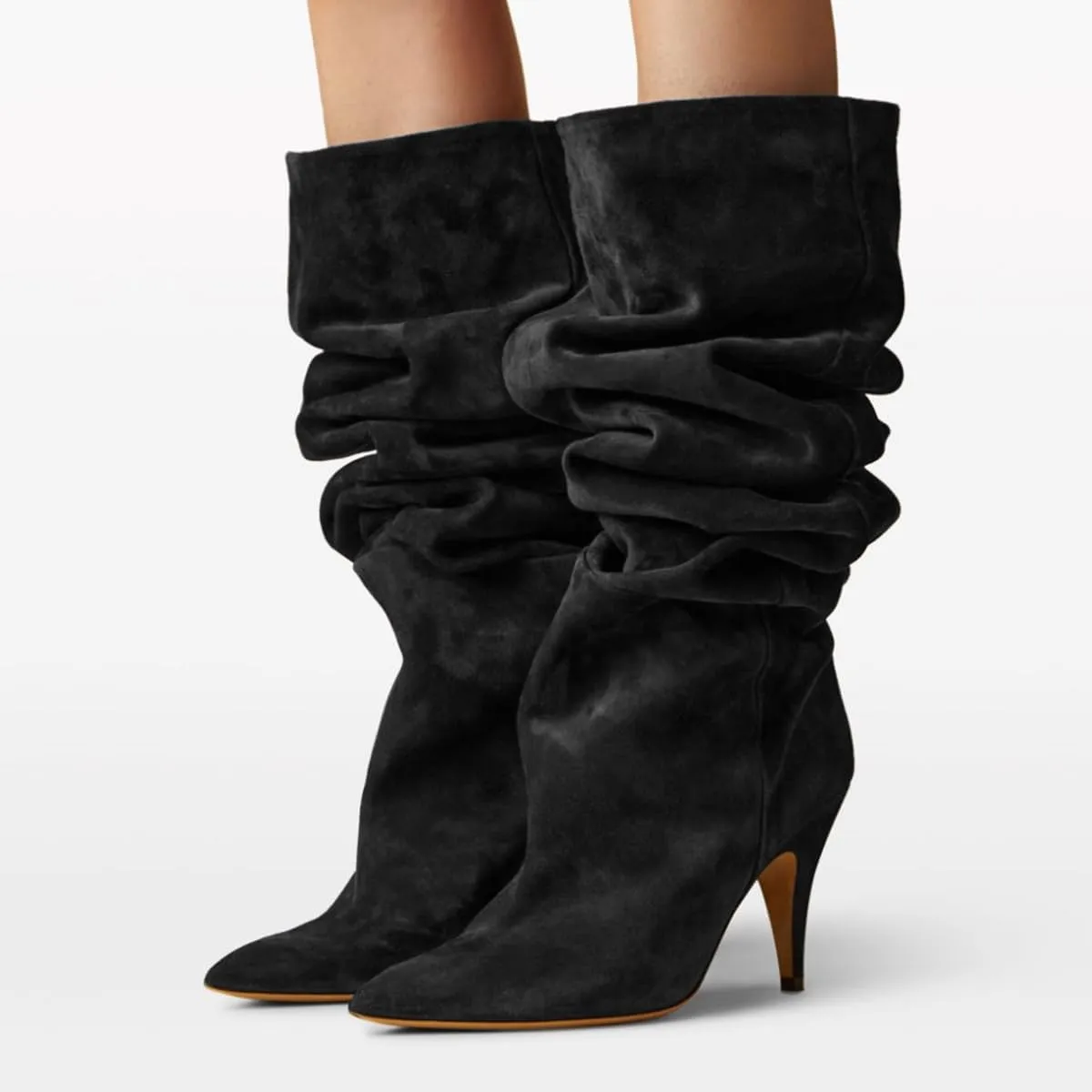YDN Women Cozy Slouchy Closed Toe Knee High Boots Mid High Heel Pull On Wide Calf Booties Warm Party Dating Shoes Size 4-16 US