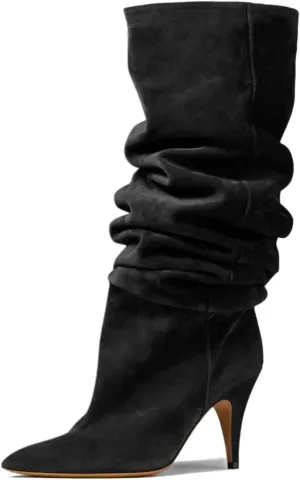 YDN Women Cozy Slouchy Closed Toe Knee High Boots Mid High Heel Pull On Wide Calf Booties Warm Party Dating Shoes Size 4-16 US