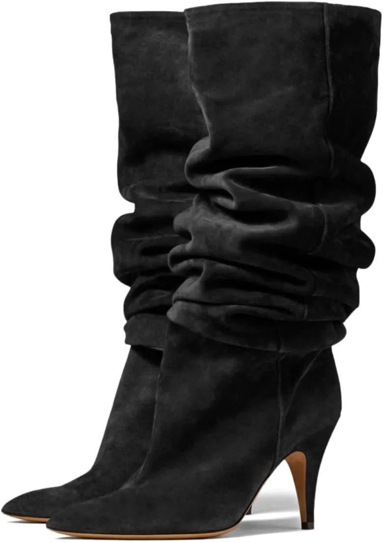 YDN Women Cozy Slouchy Closed Toe Knee High Boots Mid High Heel Pull On Wide Calf Booties Warm Party Dating Shoes Size 4-16 US