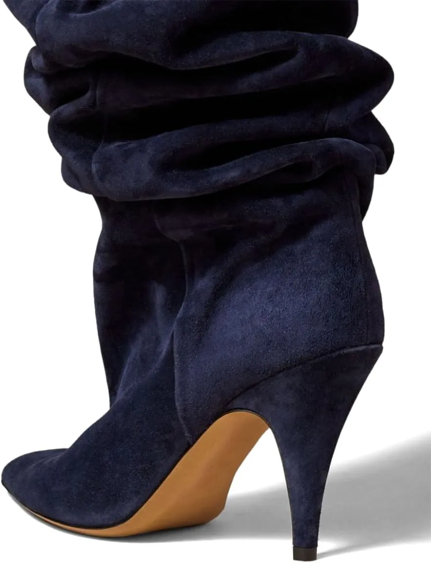 YDN Women Cozy Slouchy Closed Toe Knee High Boots Mid High Heel Pull On Wide Calf Booties Warm Party Dating Shoes Size 4-16 US