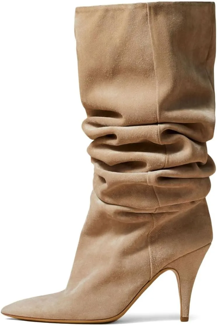 YDN Women Cozy Slouchy Closed Toe Knee High Boots Mid High Heel Pull On Wide Calf Booties Warm Party Dating Shoes Size 4-16 US