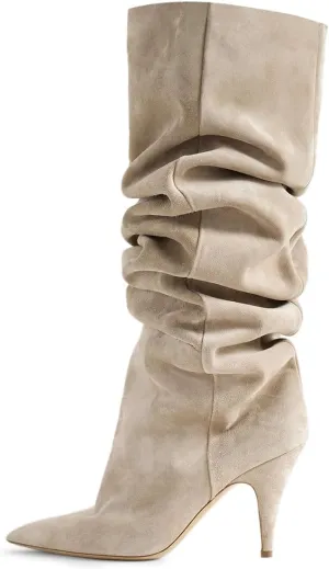 YDN Women Cozy Slouchy Closed Toe Knee High Boots Mid High Heel Pull On Wide Calf Booties Warm Party Dating Shoes Size 4-16 US
