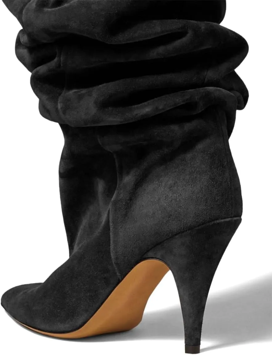 YDN Women Cozy Slouchy Closed Toe Knee High Boots Mid High Heel Pull On Wide Calf Booties Warm Party Dating Shoes Size 4-16 US