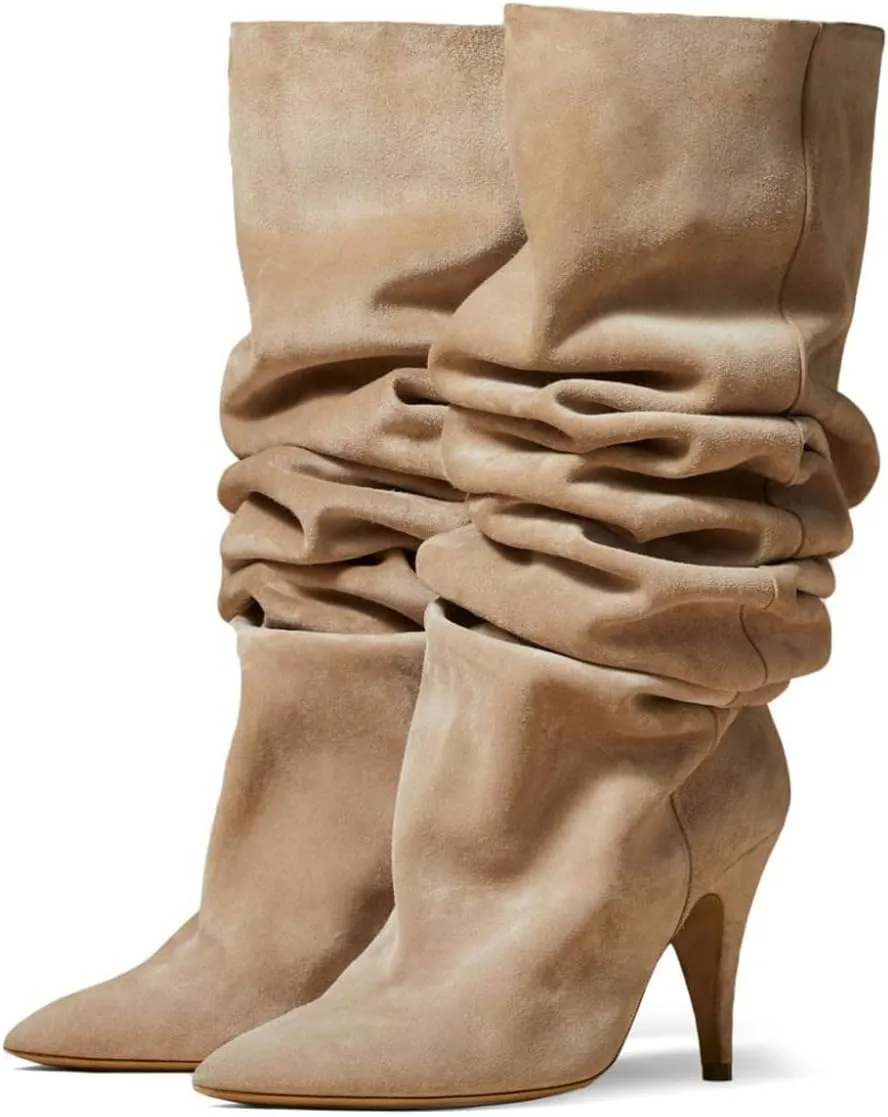 YDN Women Cozy Slouchy Closed Toe Knee High Boots Mid High Heel Pull On Wide Calf Booties Warm Party Dating Shoes Size 4-16 US
