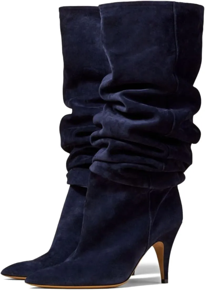YDN Women Cozy Slouchy Closed Toe Knee High Boots Mid High Heel Pull On Wide Calf Booties Warm Party Dating Shoes Size 4-16 US