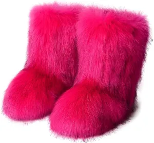YESBOR Women's Faux Fur Boots Fluffy Mid-Calf Fuzzy Winter Snow Boots Outdoor Flat Shoes