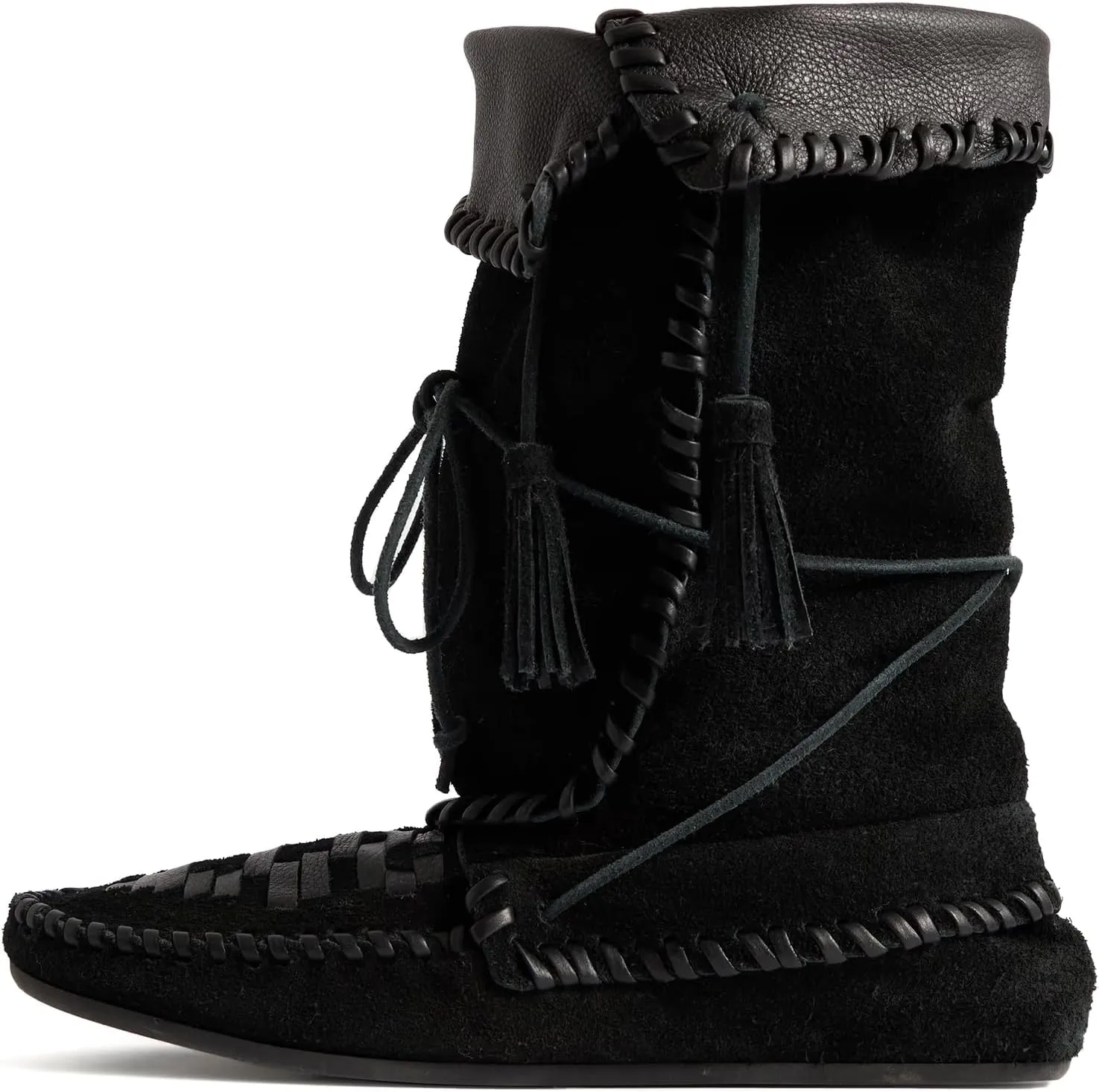 Yishaweiqi Tassel Suede Moccasin Boots for Women Slouched Strappy Fold Over Mid Calf Pull On Lace Up Short Boots