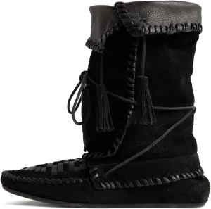 Yishaweiqi Tassel Suede Moccasin Boots for Women Slouched Strappy Fold Over Mid Calf Pull On Lace Up Short Boots