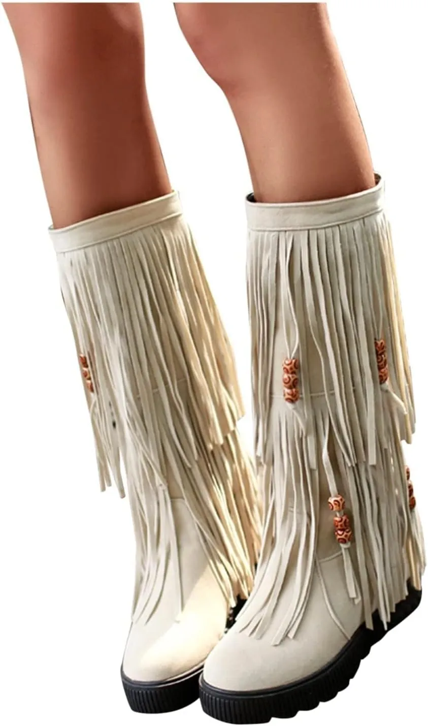 ZDLJYL Women's Fringe Suede Mid-Calf Boots,Fall Winter Cute Beaded Hidden Wedge Hippie Moccasin Boots Knee High Tassel Boots