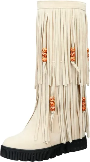 ZDLJYL Women's Fringe Suede Mid-Calf Boots,Fall Winter Cute Beaded Hidden Wedge Hippie Moccasin Boots Knee High Tassel Boots