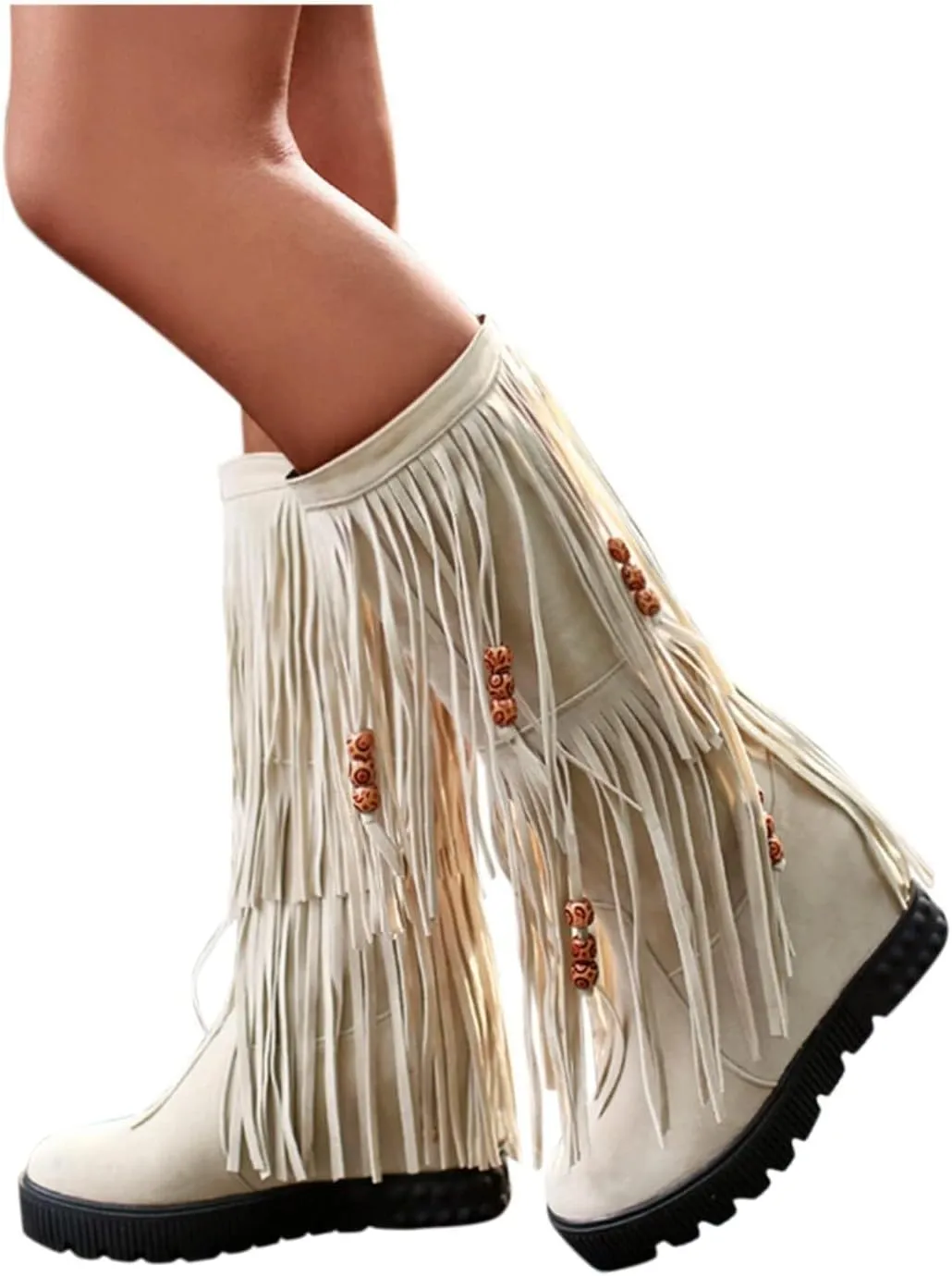 ZDLJYL Women's Fringe Suede Mid-Calf Boots,Fall Winter Cute Beaded Hidden Wedge Hippie Moccasin Boots Knee High Tassel Boots