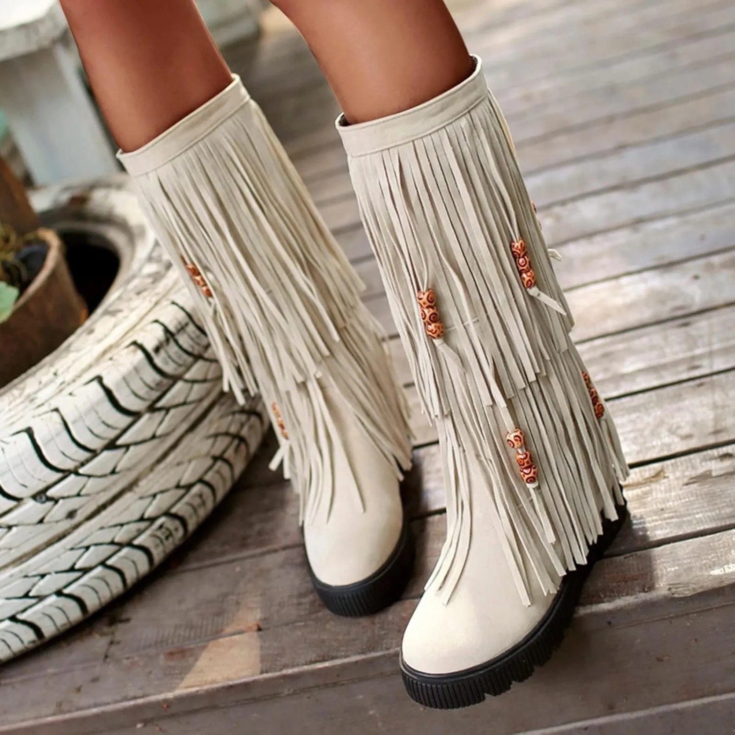 ZDLJYL Women's Fringe Suede Mid-Calf Boots,Fall Winter Cute Beaded Hidden Wedge Hippie Moccasin Boots Knee High Tassel Boots
