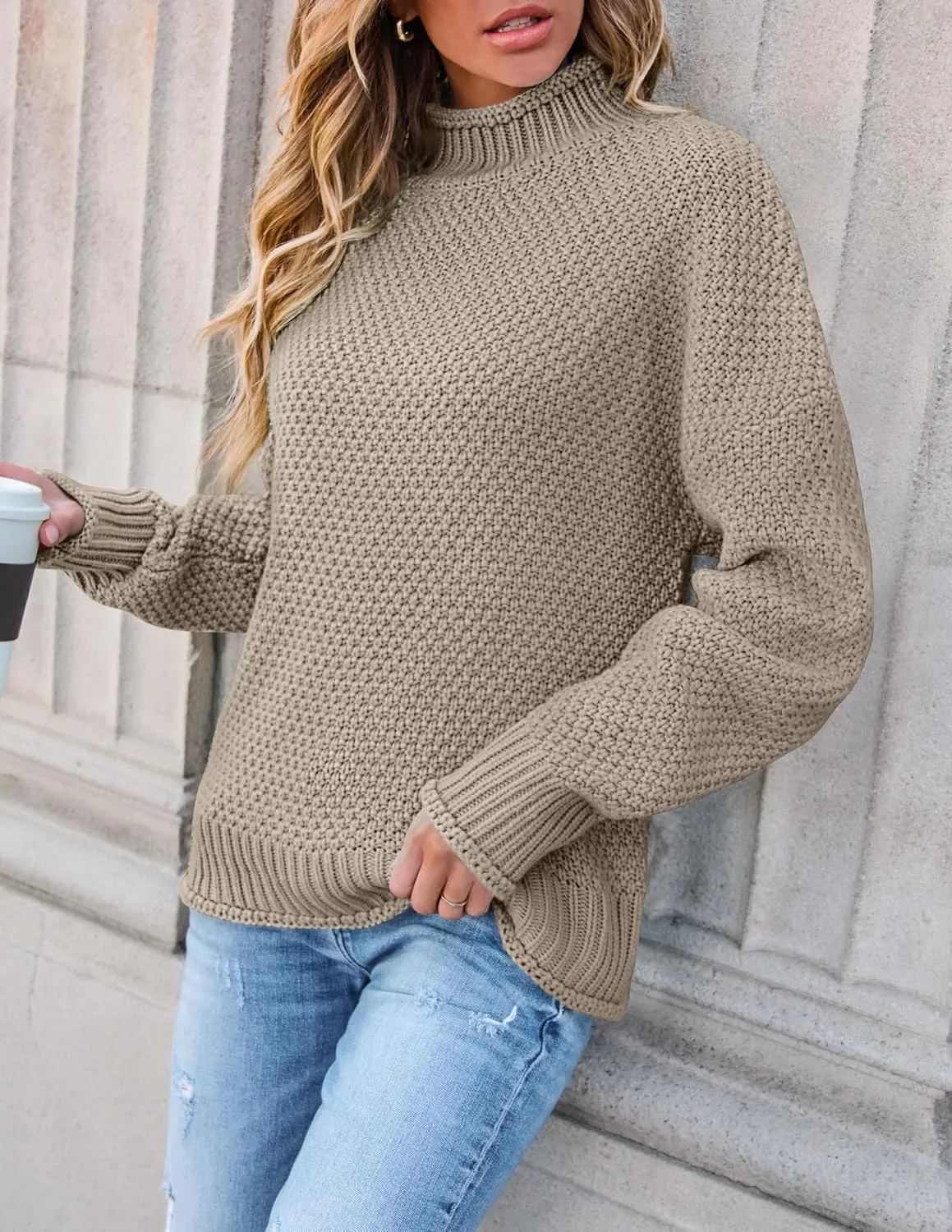 ZESICA Women's Turtleneck Batwing Sleeve Loose Oversized Chunky Knitted Pullover Sweater Jumper Tops