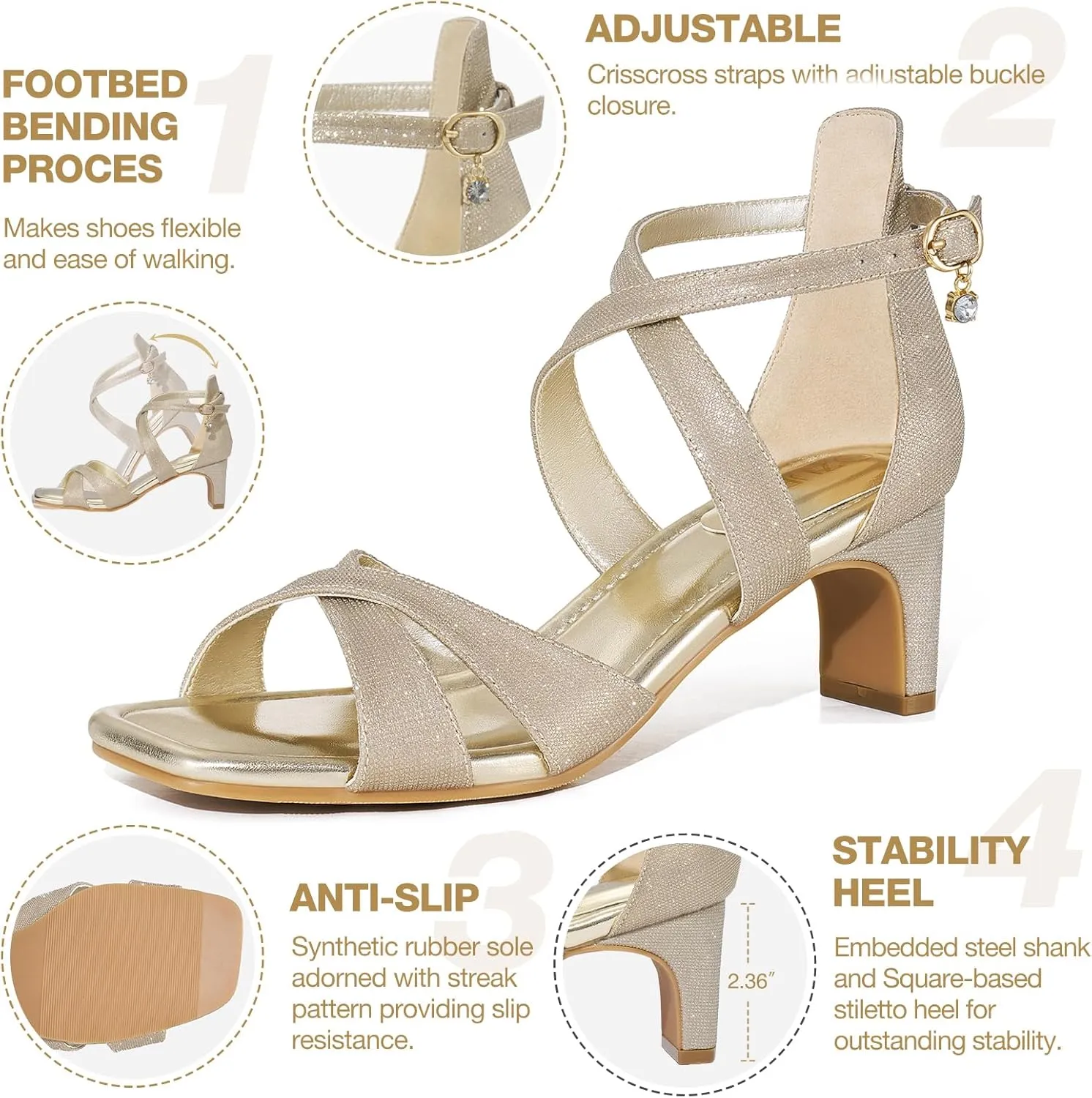 ZURIN Womens Chunky Low Heels Comfortable Open Toe Ankle Strap Heeled Sandals Strappy Block Heels Dress Shoes for Wedding Bridal Evening Party Prom