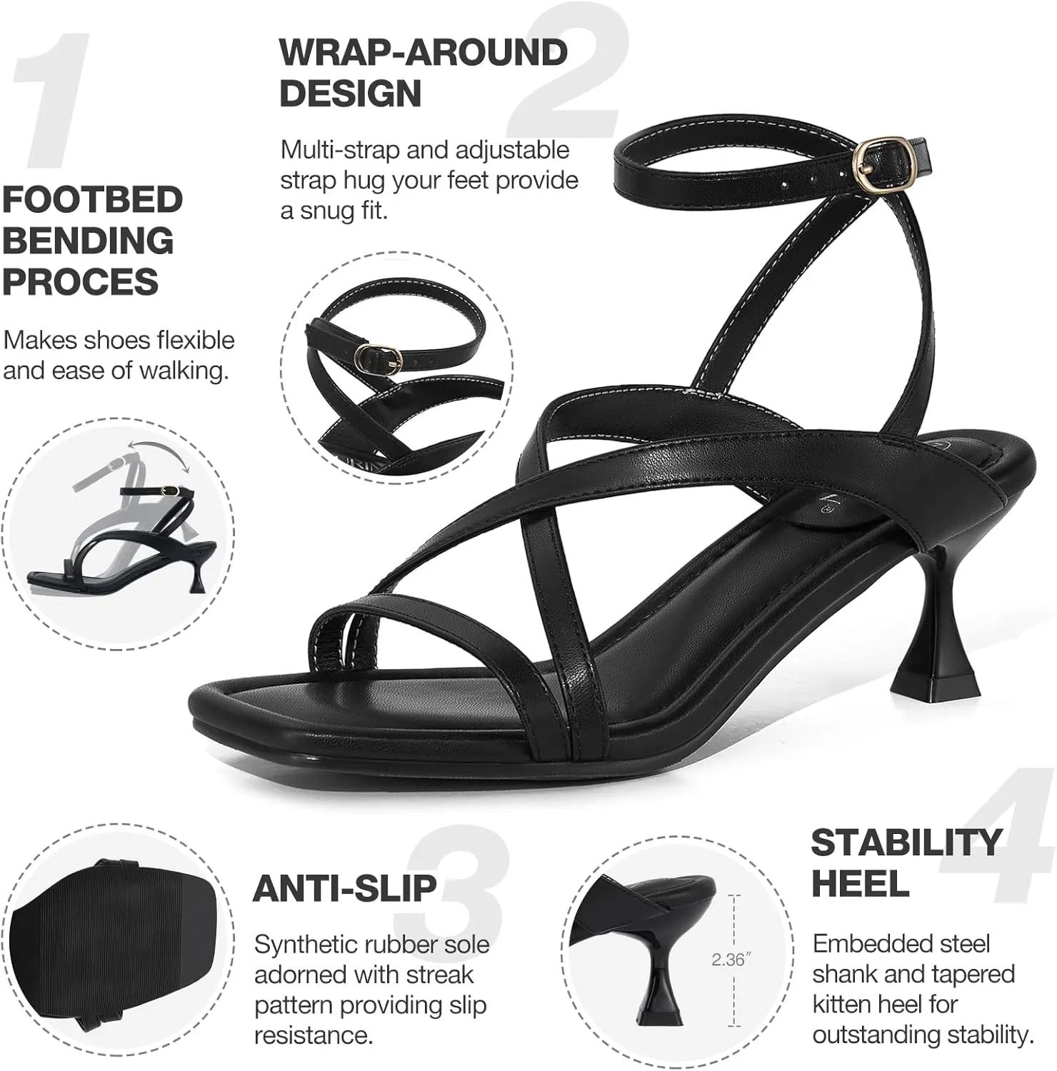 ZURIN Women's Low Kitten Heels Sandals Dressy Strappy Heeled Sandals Open Square Toe Ankle Strap Summer Dress Party Shoes 2.4 Inch