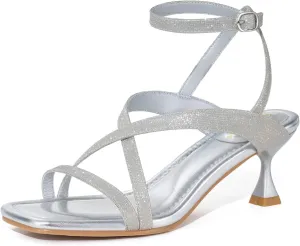ZURIN Women's Low Kitten Heels Sandals Dressy Strappy Heeled Sandals Open Square Toe Ankle Strap Summer Dress Party Shoes 2.4 Inch