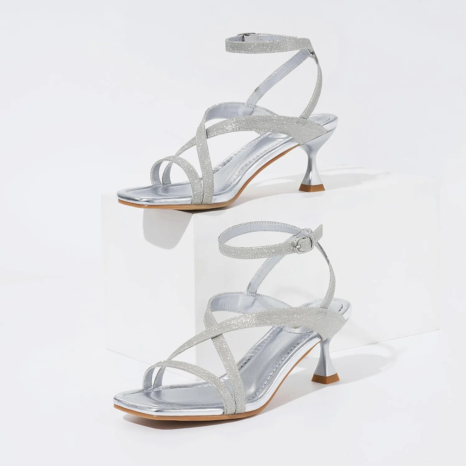 ZURIN Women's Low Kitten Heels Sandals Dressy Strappy Heeled Sandals Open Square Toe Ankle Strap Summer Dress Party Shoes 2.4 Inch
