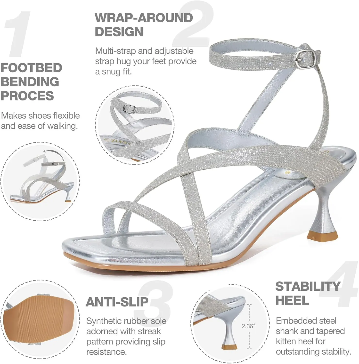 ZURIN Women's Low Kitten Heels Sandals Dressy Strappy Heeled Sandals Open Square Toe Ankle Strap Summer Dress Party Shoes 2.4 Inch