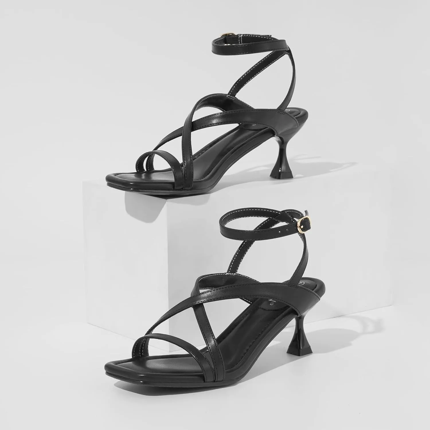 ZURIN Women's Low Kitten Heels Sandals Dressy Strappy Heeled Sandals Open Square Toe Ankle Strap Summer Dress Party Shoes 2.4 Inch