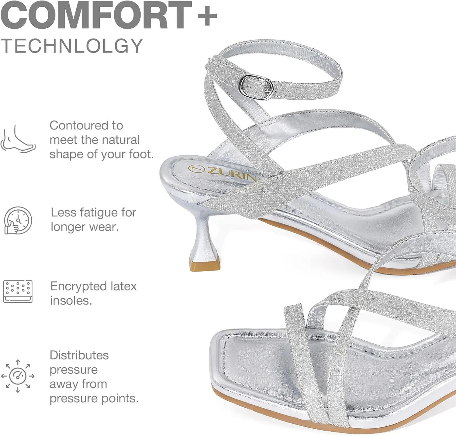 ZURIN Women's Low Kitten Heels Sandals Dressy Strappy Heeled Sandals Open Square Toe Ankle Strap Summer Dress Party Shoes 2.4 Inch